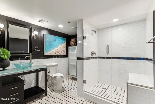 a bathroom with a sink a toilet and shower