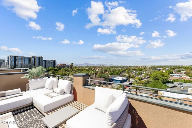 a view of a roof deck with couches and potted plants