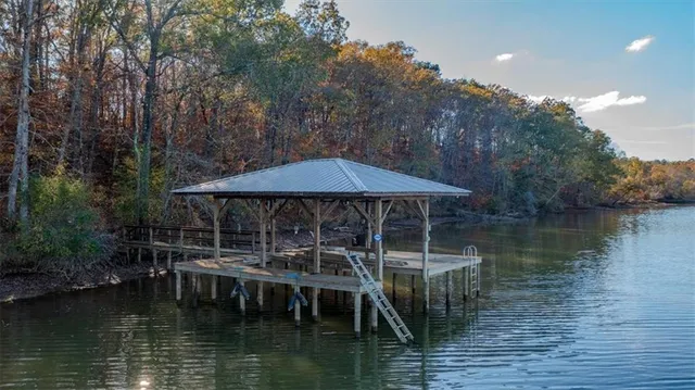 a view of a lake with trees in the background