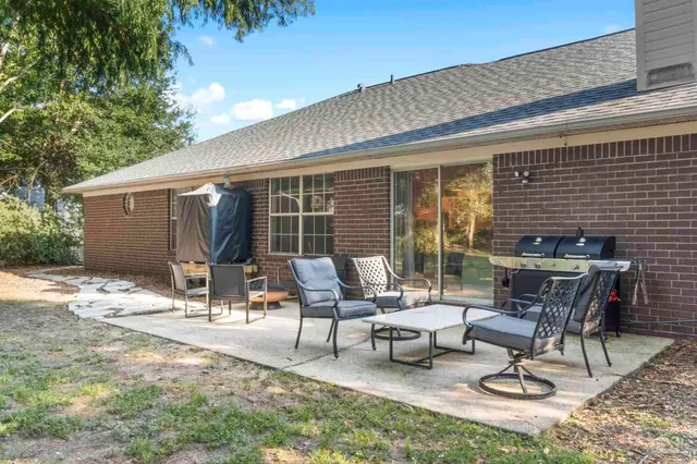 a view of a park with large trees