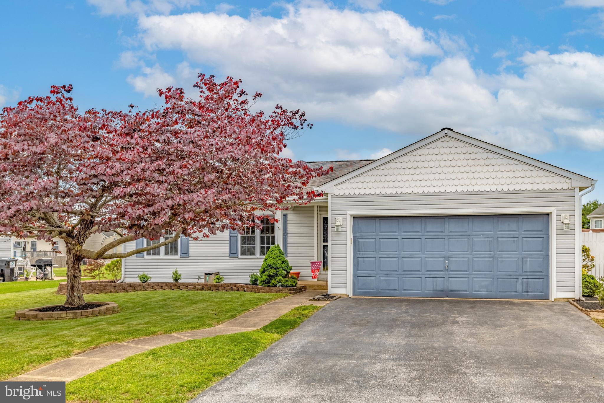 a front view of a house with a garden and tree