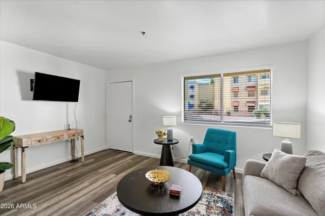 a living room with furniture a rug and a window