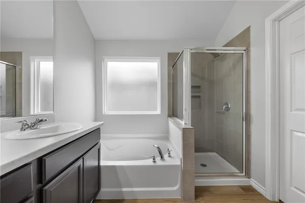 a bathroom with a tub a sink and a large mirror