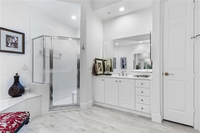 a bathroom with a shower a sink and a mirror