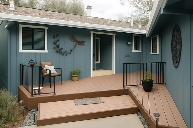 a view of a porch with furniture and wooden floor