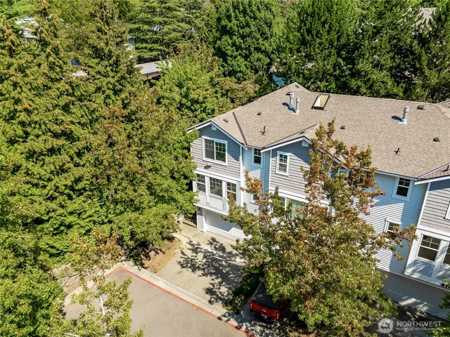 an aerial view of a house with a yard and large trees