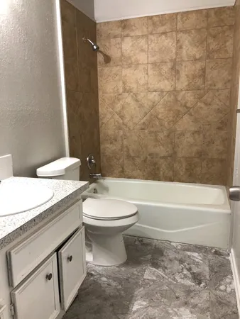 a bathroom with a toilet a sink and bathtub