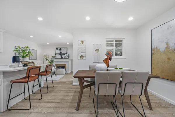 a view of a dining room with furniture