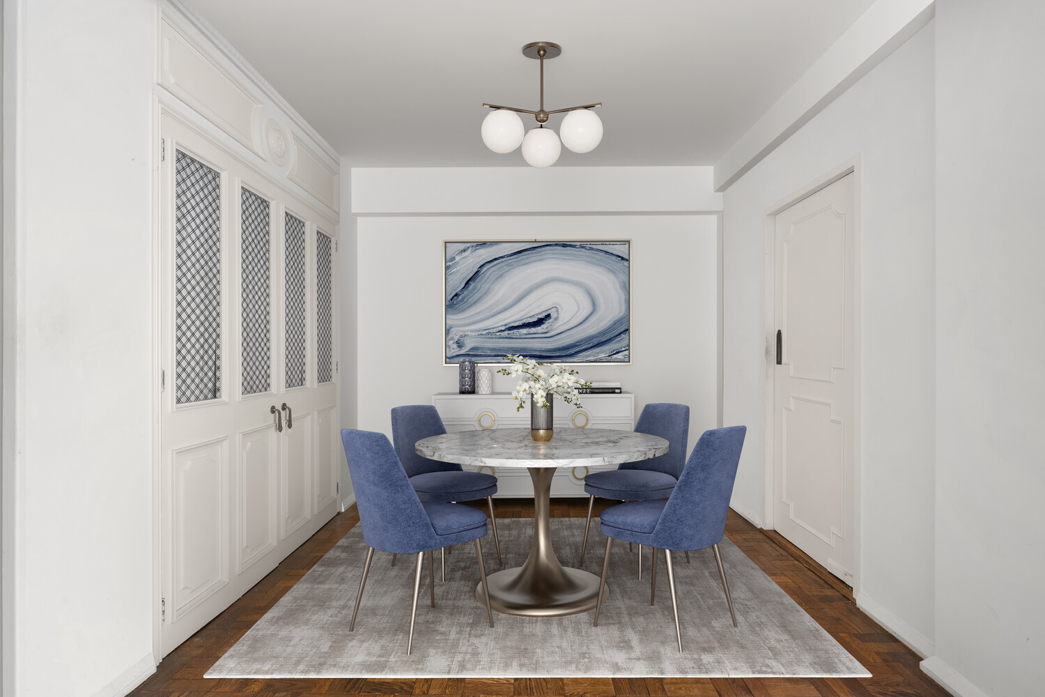 45 Sutton Place South, Unit SOUTH7C Manhattan, NY 10022 - Photo 2 of 12 a dining room with furniture and wooden floor