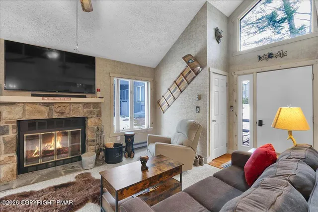 a living room with furniture a flat screen tv and a fireplace