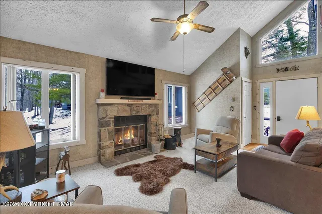 a living room with furniture a fireplace and a flat screen tv