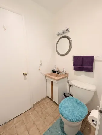 a bathroom with a sink a toilet and a mirror