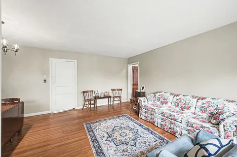 a living room with furniture rug and wooden floor