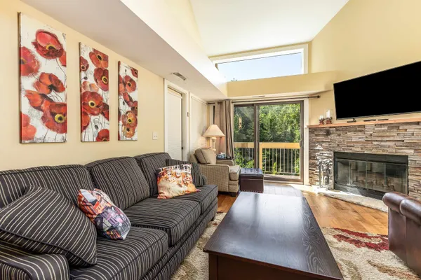 a living room with furniture a flat screen tv and a fireplace