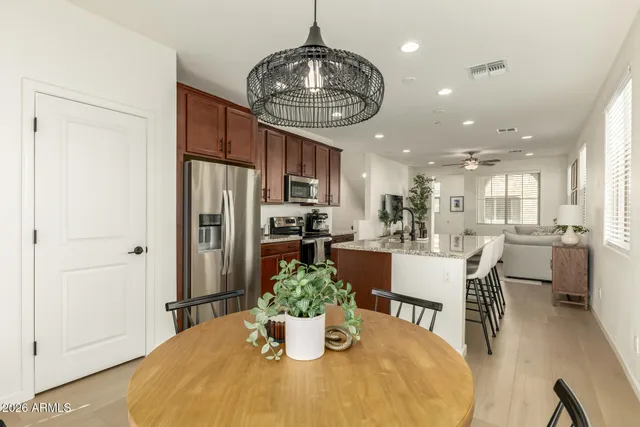 a view of a dining room with furniture