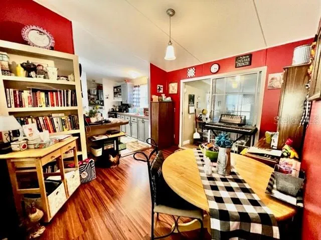 a view of a dining room with furniture