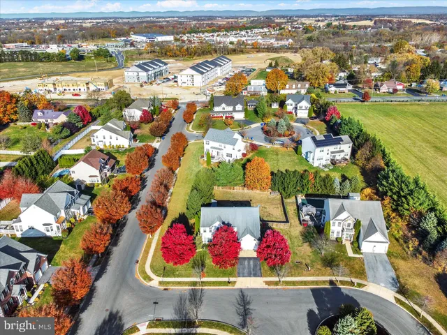 an aerial view of residential houses with outdoor space and lake view