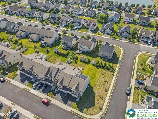 an aerial view of a swimming pool