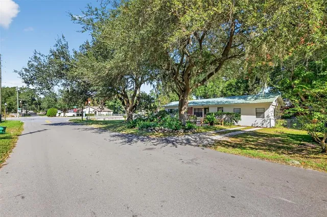 a view of a city with lush green forest
