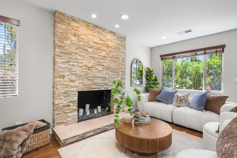 a living room with furniture potted plant and a fireplace