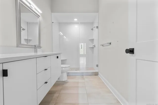 a bathroom with a sink a toilet and shower