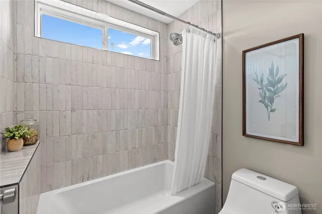 a bathroom with a shower and a toilet