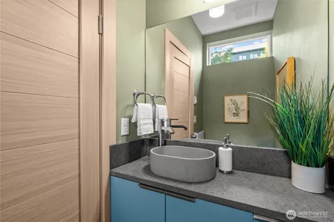 a bathroom with a potted plant and a sink
