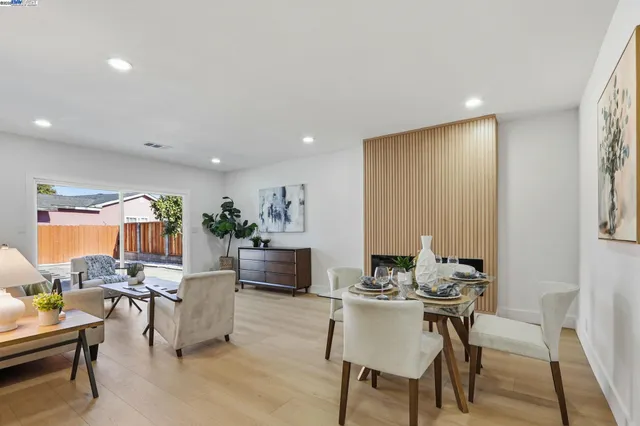 a view of a dining room with furniture