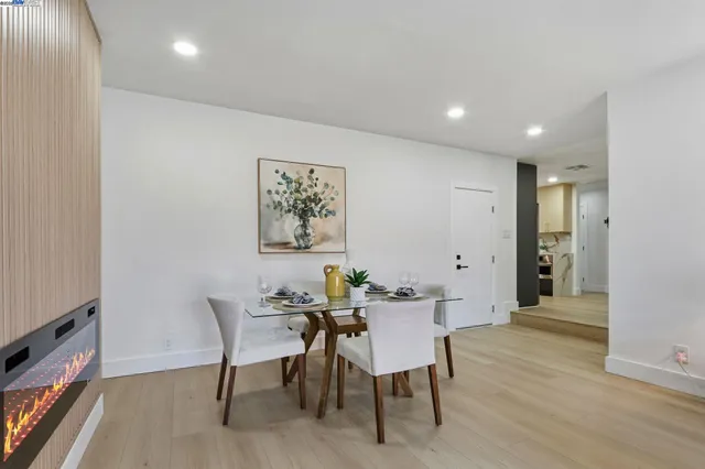 a view of a dining room with furniture
