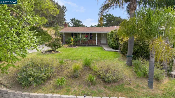 a front view of a house with yard and green space