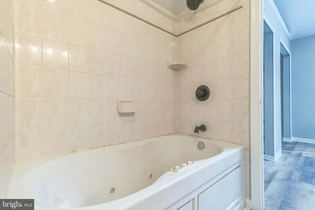 a bathroom with a bathtub and shower