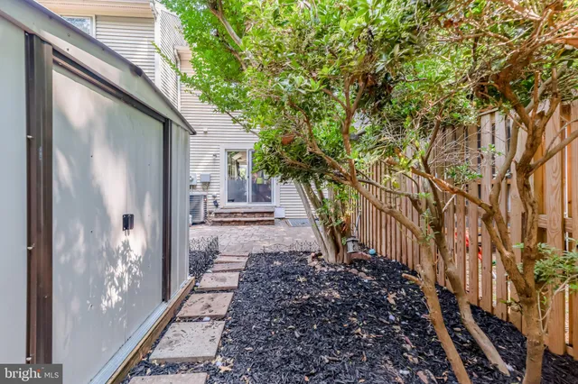 a view of a pathway of a house with a large tree