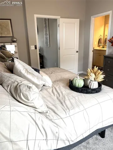 a bedroom with a bed and a couch