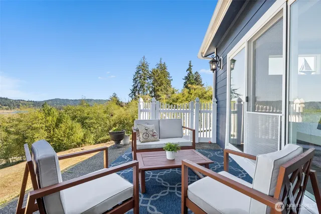 a view of a balcony with furniture and a potted plant