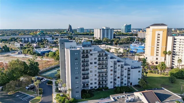 a city view with tall buildings
