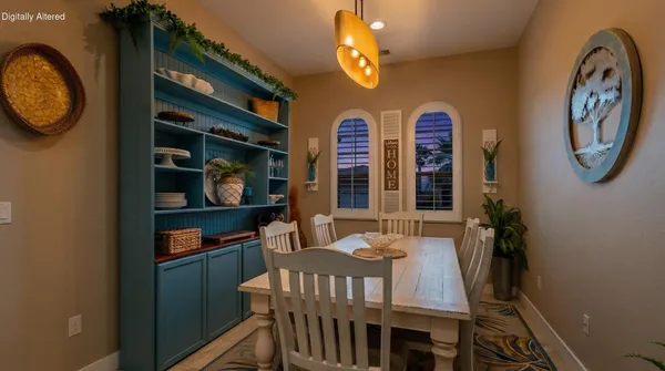 a view of a dining area with furniture and a chandelier