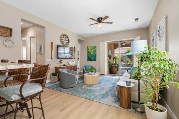 a living room with furniture and a potted plant