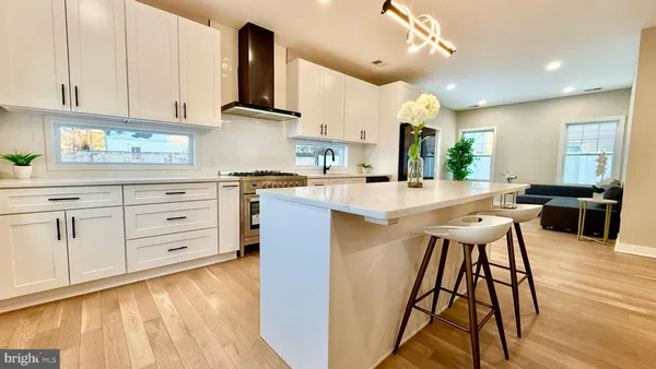 a large white kitchen with lots of counter top space