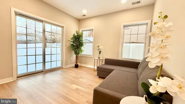 a living room with furniture and a potted plant