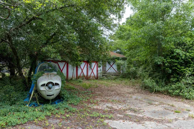 a view of a backyard with trampoline