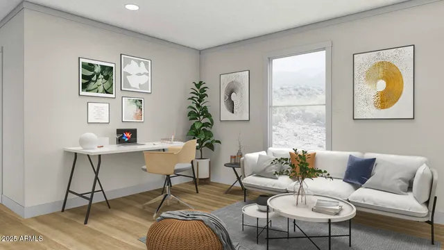 a living room with furniture potted plant and window