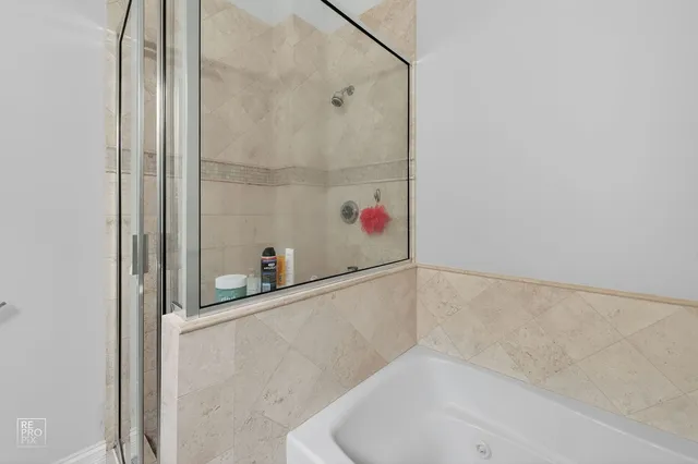 a bathroom with a bathtub and shower