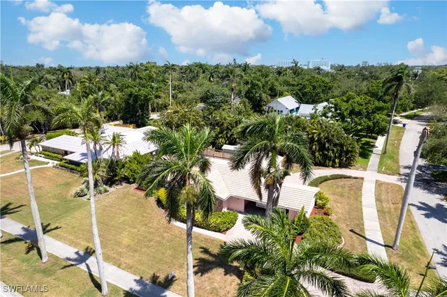 an aerial view of a house with palm trees