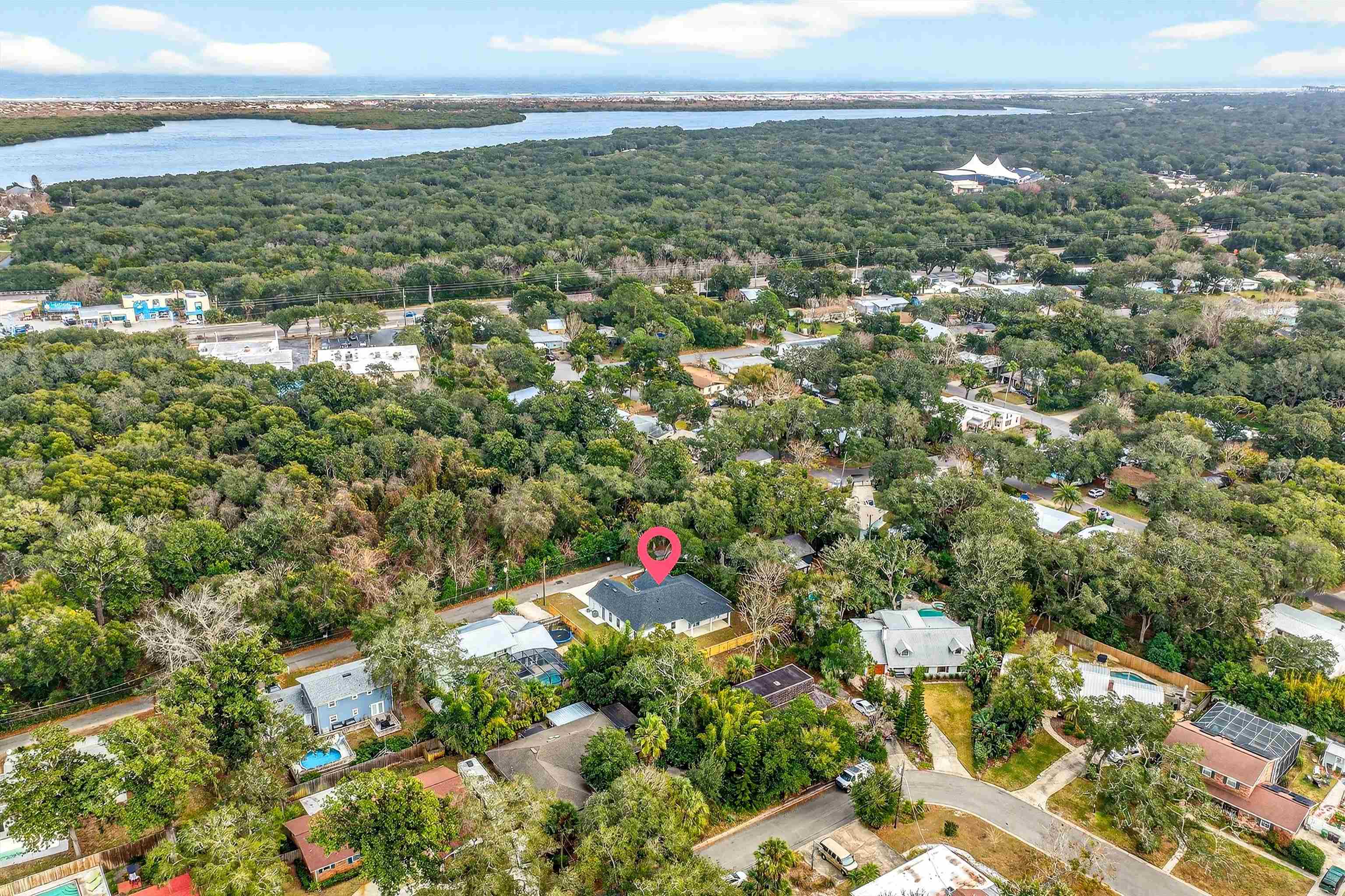 16 Baru Road St. Augustine, FL 32080 - Photo 62 of 73 Aerial view of property's location featuring nearby suburban area and a large body of water