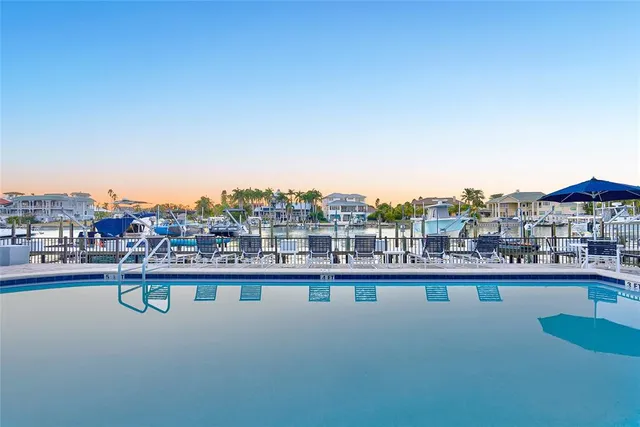 a view of a swimming pool with deck and plants