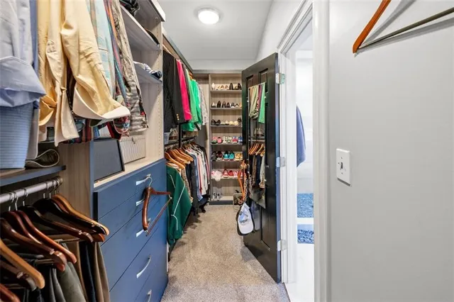 an aerial view of a residential houses with outdoor space and trees