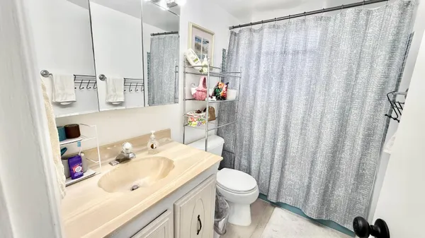 a bathroom with a sink a toilet and shower curtain