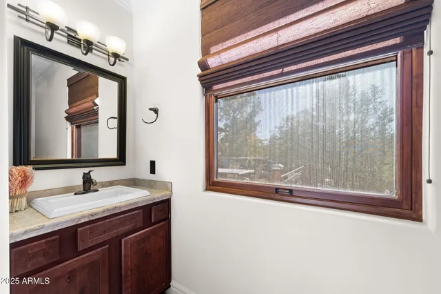 a bathroom with a sink mirror and a shower