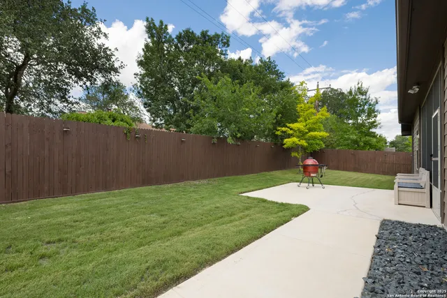 a garden with trees in front of it