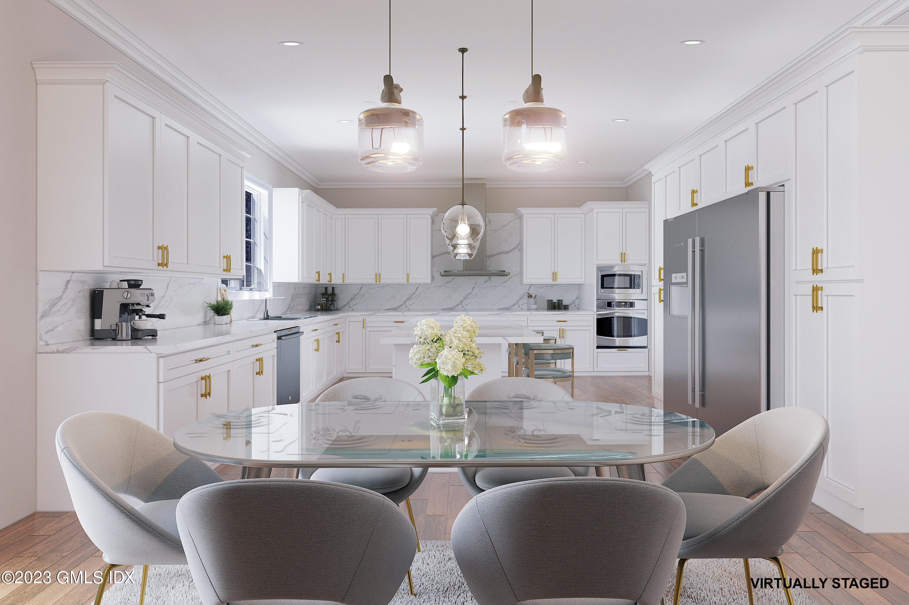 58 Perkins Road Greenwich, CT 06830 - Photo 4 of 30 a kitchen with stainless steel appliances kitchen island granite countertop a dining table chairs refrigerator and microwave